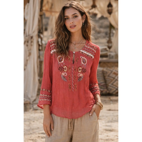 Soft Surroundings Tops - Soft Surroundings Bohemian Peasant Blouse Embellished Hippie PM Semi Sheer Vaca